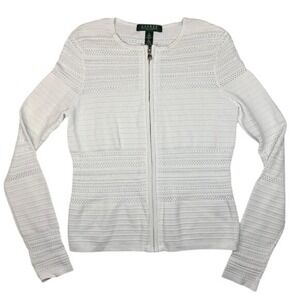 Lauren Ralph Lauren‎ Petite Small White Knit Zip Up Cardigan Sweater Preppy NWOT